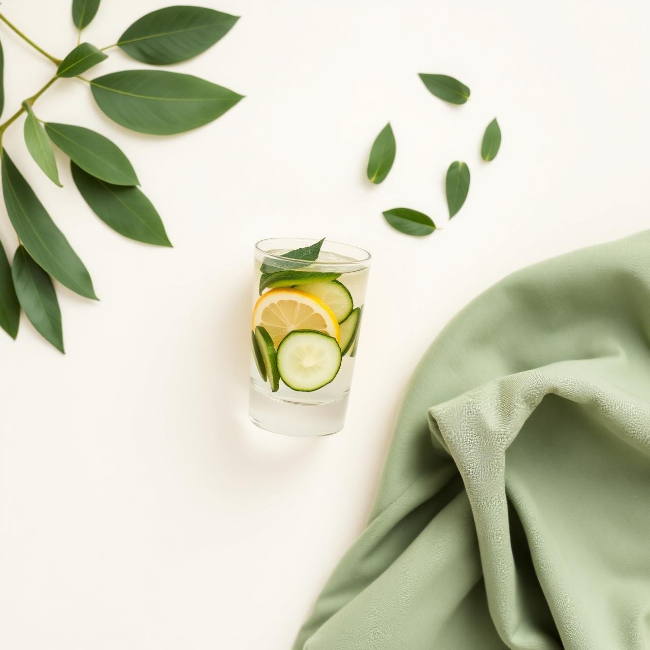 Composição minimalista de bem-estar feminino com folhas verdes e água com limão